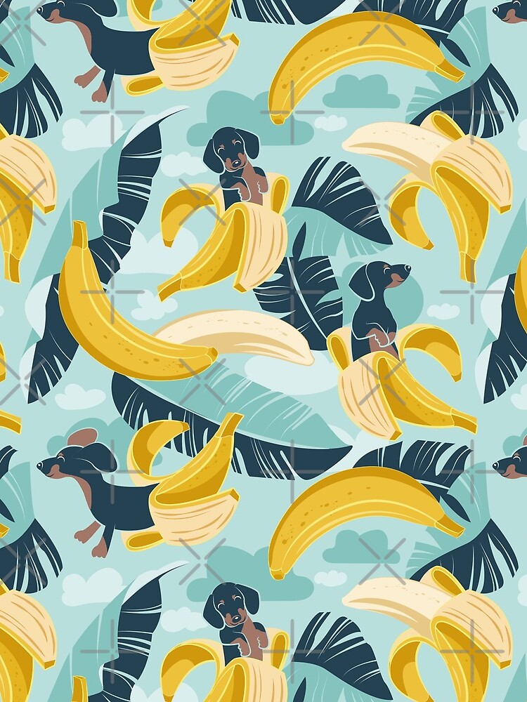 Surrealistic tropical Dachshund bananas // aqua background navy blue dogs and banana fruit leaves by SelmaCardoso