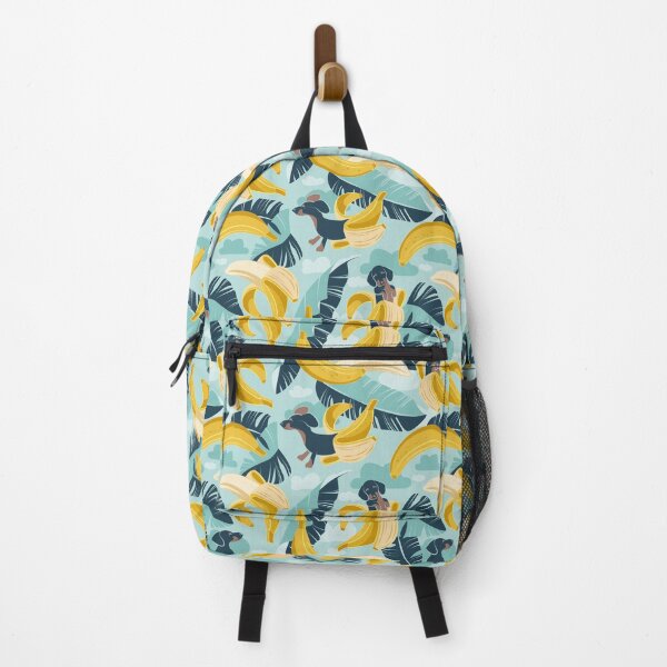 Item preview, Surrealistic tropical Dachshund bananas // aqua background navy blue dogs and banana fruit leaves designed and sold by SelmaCardoso.