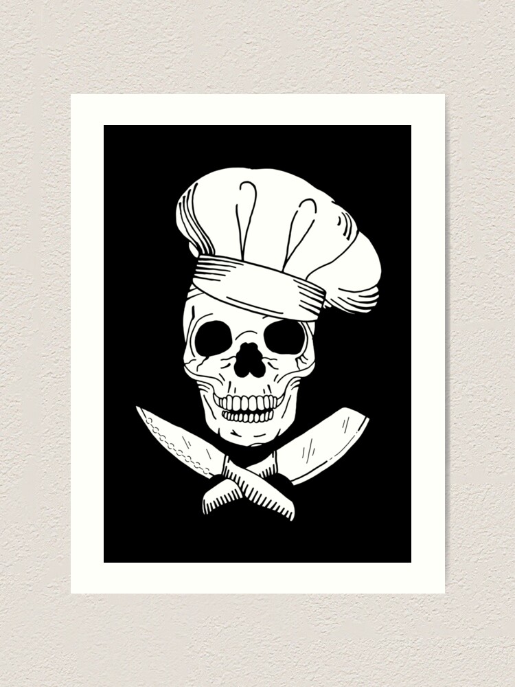 Skull Wearing Chef Hat and Crossed Kitchen Knives | Art Print