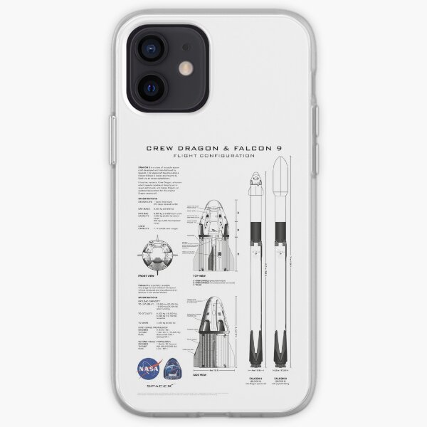 Plan du vaisseau spatial NASA SpaceX Crew Dragon et de la fusée Falcon 9 en haute résolution (blanc) Coque souple iPhone