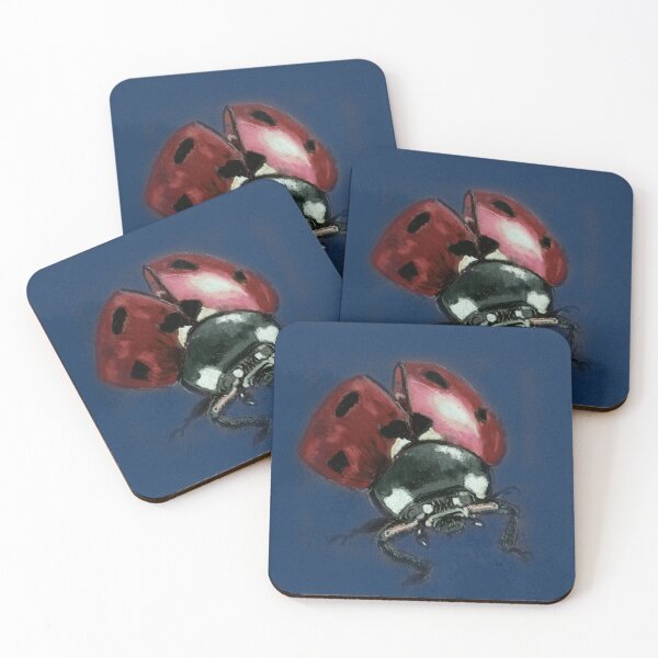 Item preview, Red Lady Bird insect hand painted on blue background designed and sold by Jennifer Morcom.