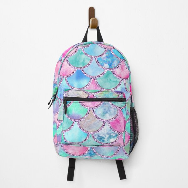 Pink and Blue Watercolor Faux Glitter Mermaid Scales Backpack
