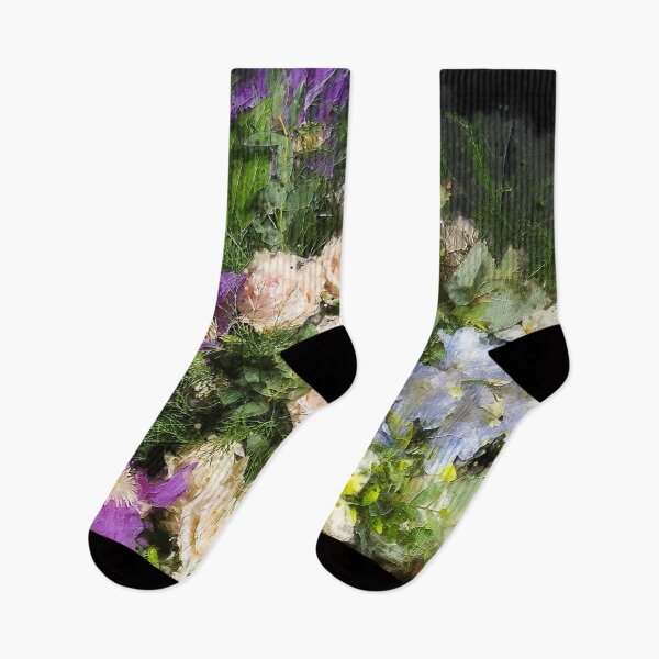 Item preview, Secret October - An oil painting of purple clematis, cream rose bunch of flowers designed and sold by elaine hickling.
