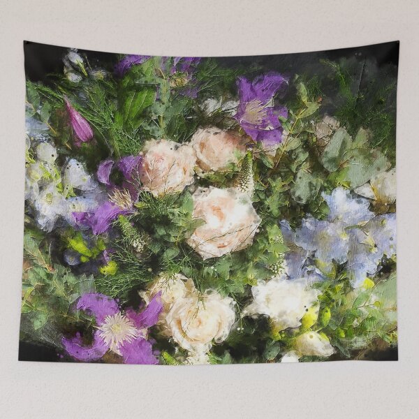 Item preview, Secret October - An oil painting of purple clematis, cream rose bunch of flowers designed and sold by elaine hickling.