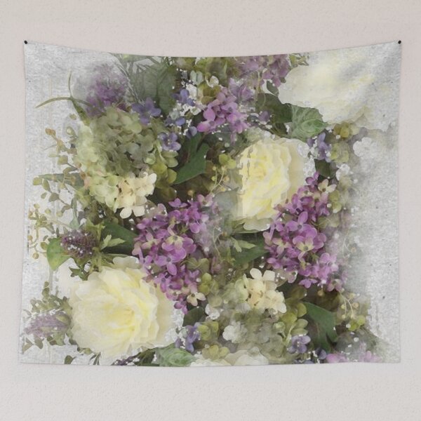 Item preview, All kinds of lovely- a watercolour floral bouquet of cream roses and purple flowers designed and sold by elaine hickling.