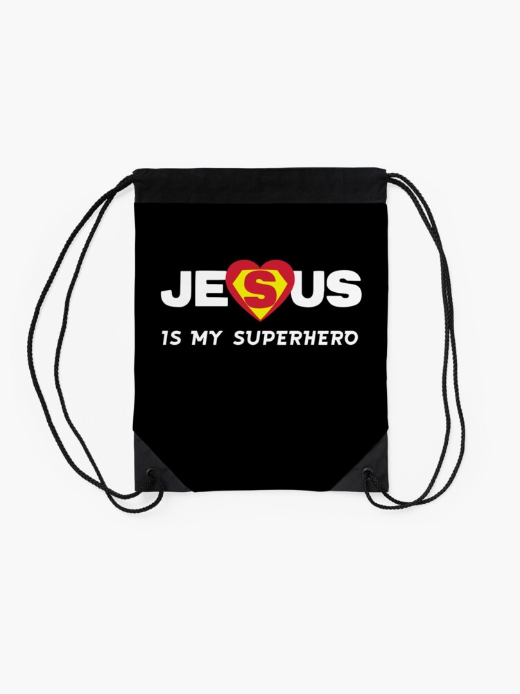 Alternate view of Jesus is my Superhero Drawstring Bag