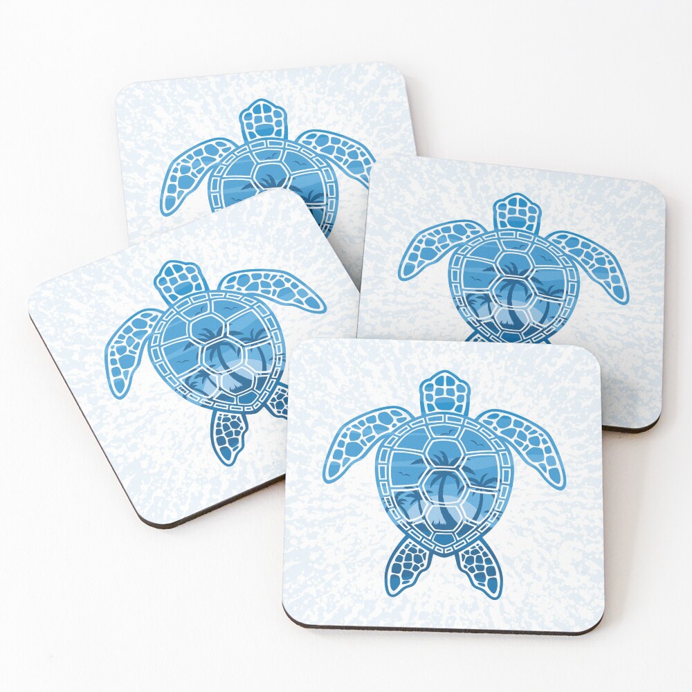 Tropical Island Sea Turtle Design in Blue Coasters (Set of 4)