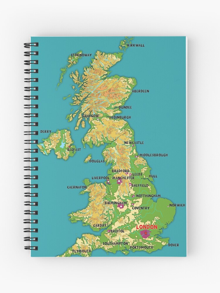 Physical Map Of Uk Including Rivers And Mountains United Kingdom Physical Map, Topographic Map Of Uk, The Capital, The Major  Cities, Rivers And Lakes" Spiral Notebook By Mashmosh | Redbubble