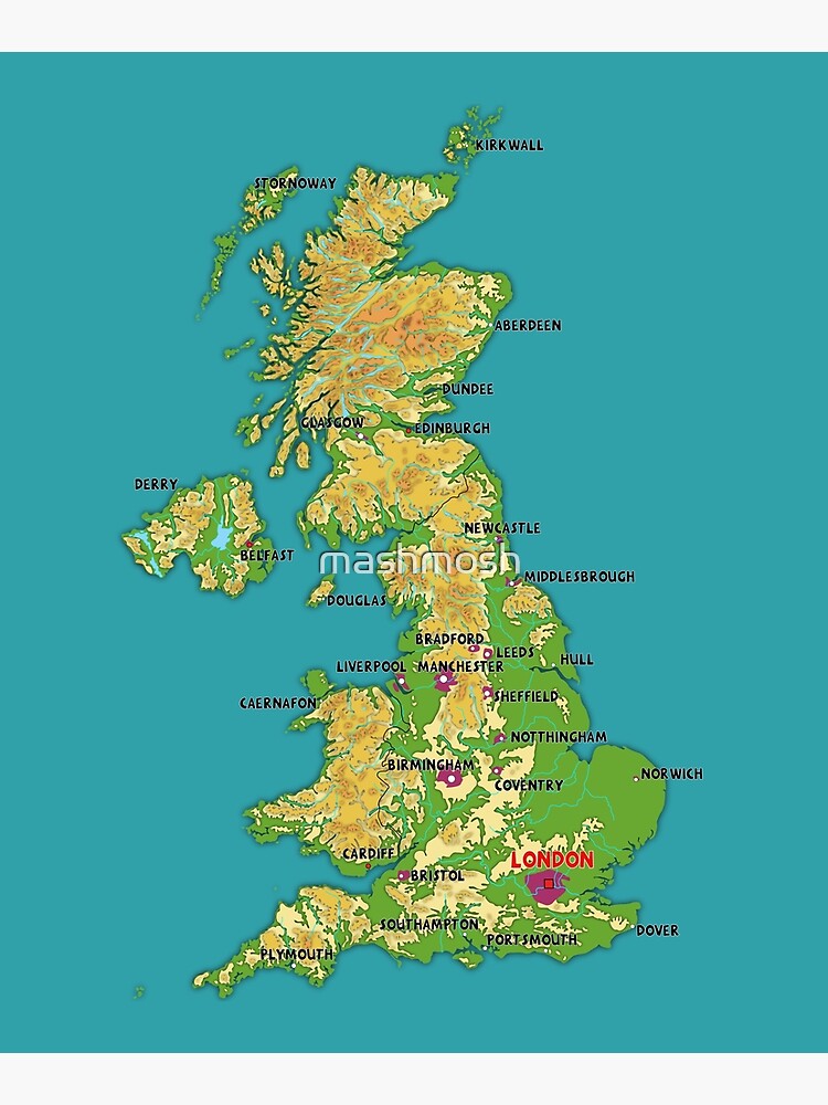 United Kingdom Physical Map Topographic Map Of UK The Capital The   Flat,750x,075,f Pad,750x1000,f8f8f8 