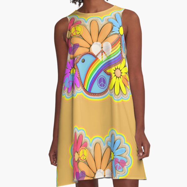 Flower Power Hippy Retro Dove Design A-Line Dress