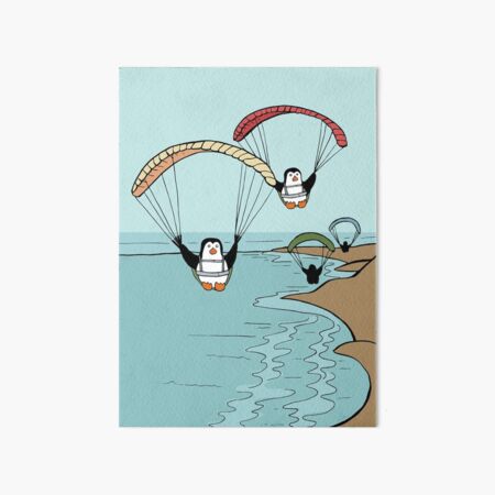 Penguin Family Goes Paragliding Over a Beach Art Board Print