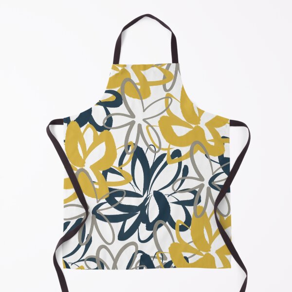Item preview, Lotus Garden Painted Floral Pattern in Light Mustard, Navy Blue, and Gray on White designed and sold by kierkegaard.
