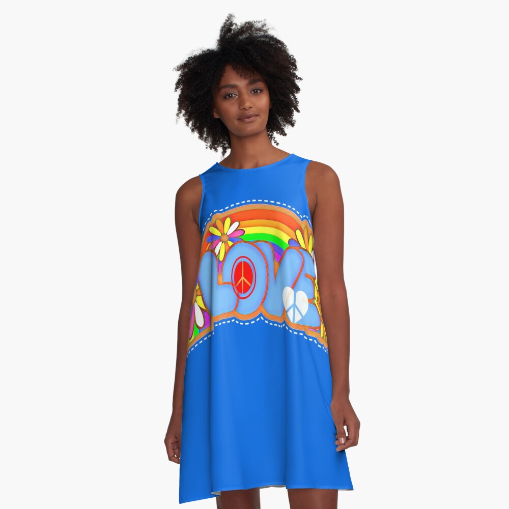 Love Retro Peace Sign Hippy Art A-Line Dress