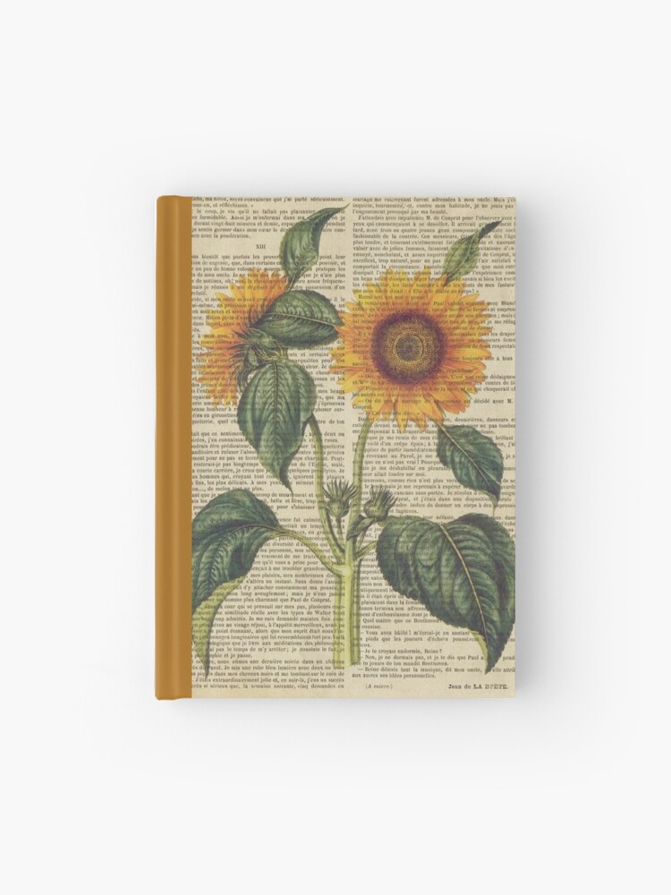 Cuaderno de tapa dura «Impresión botánica, en la página del libro antiguo -  Girasol» de lldd11 | Redbubble