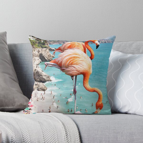 Flamingos on the Beach, Wildlife Surrealism Birds, Nature Flamingo Fantasy Beach Summer Photography Throw Pillow