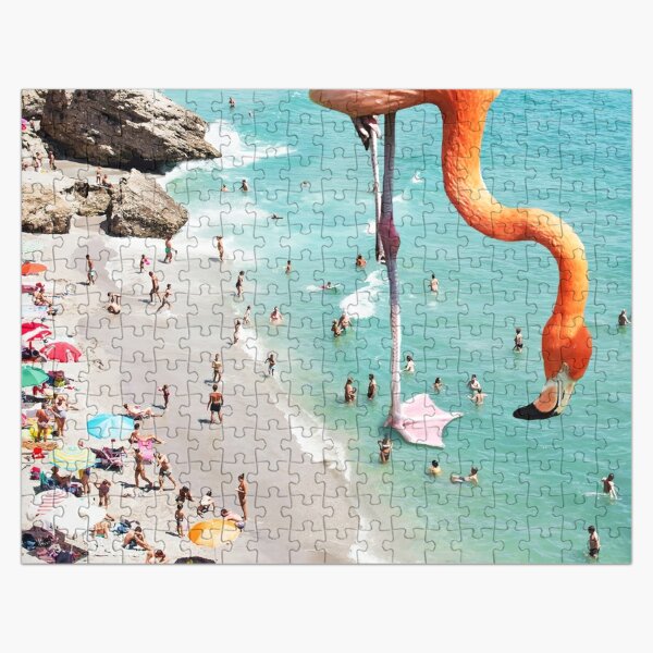 Flamingos on the Beach, Wildlife Surrealism Birds, Nature Flamingo Fantasy Beach Summer Photography Jigsaw Puzzle