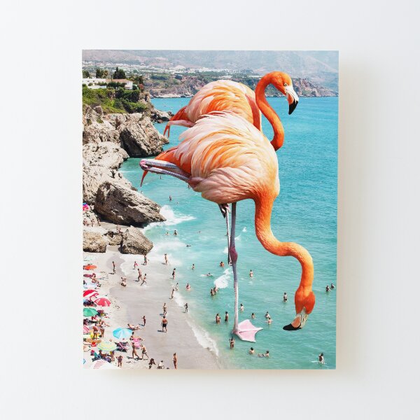 Flamingos on the Beach, Wildlife Surrealism Birds, Nature Flamingo Fantasy Beach Summer Photography Wood Mounted Print