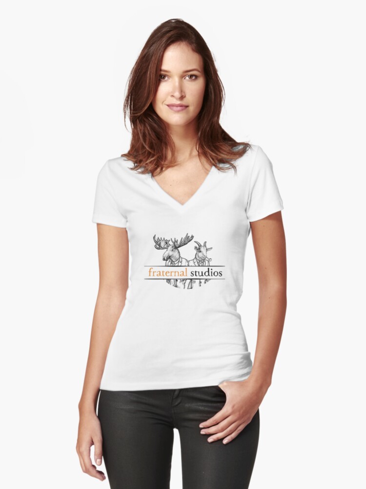 Fitted V-Neck T-Shirt, Fraternal Studios Logo - Black on White designed and sold by FraternalStudio