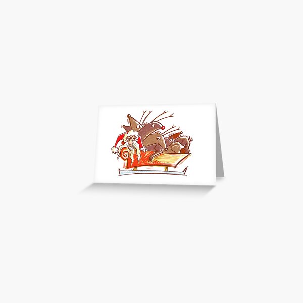 Santa and his sleigh full of lazy Reindeer Greeting Card