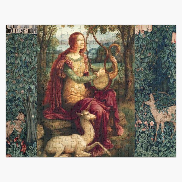 UNICORN AND LADY PLAYING LYRA ,FOREST ANIMALS, FOX ,DOES IN GREEN FLORAL Jigsaw Puzzle