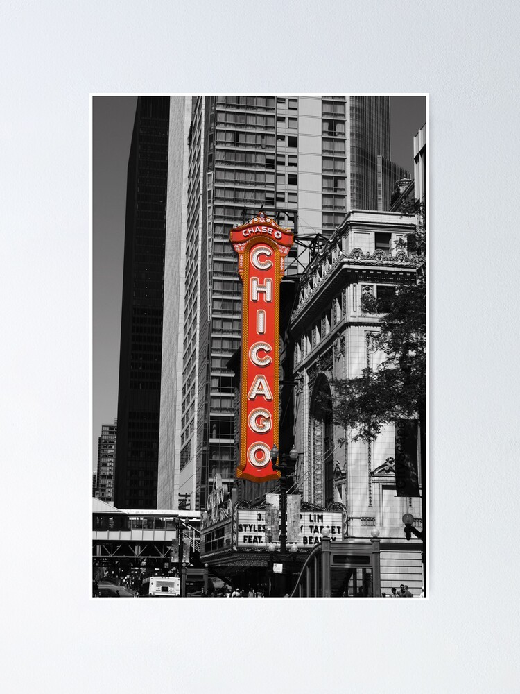 Red Chicago Theatre Sign Black and White Chicago Photography