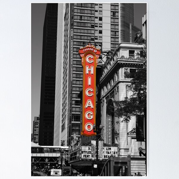 Item preview, Red Chicago Theatre Sign Black and White Chicago Photography designed and sold by gurso27.
