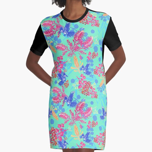 Happy Australian Plants and wattle bird Graphic T-Shirt Dress
