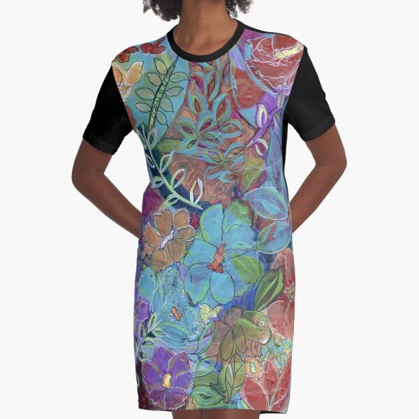 Garden Doodle Mixed Media Art Graphic T-Shirt Dress