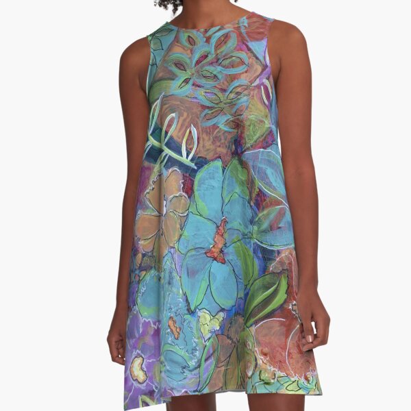 Garden Doodle Mixed Media Art A-Line Dress