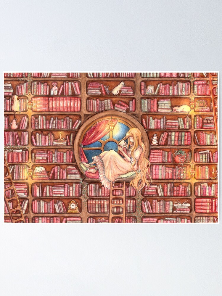 Book Nook Book Lover Girl Reading In A Library Poster By Denymartinelli Redbubble