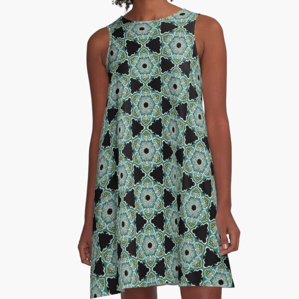 Green Black Boho Pattern A-Line Dress