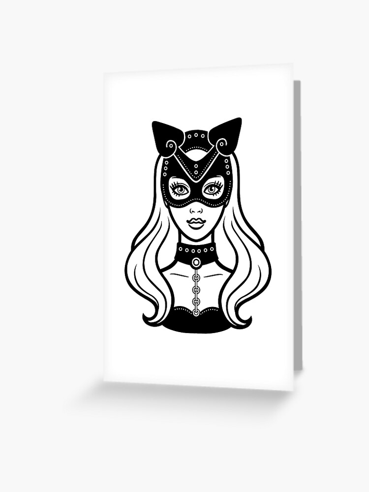 Carte De Vœux Portrait D Animation De La Belle Fille Dans Un Masque De Chat Par Yanazvereva Redbubble