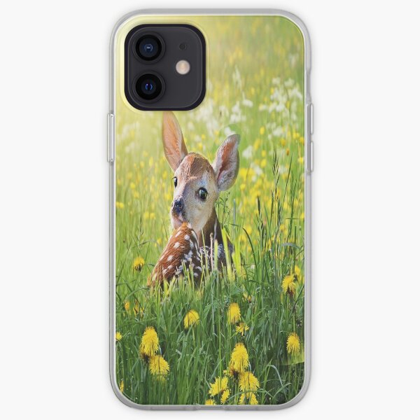 Spotted Fawn in field of green grass and yellow dandelions iPhone Soft Case