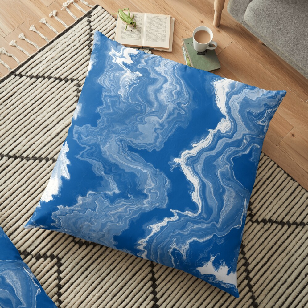 Blue / Light Blue / White Acrylic Pour Painting Floor Pillow