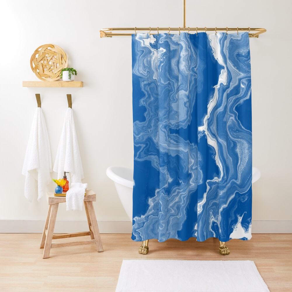 Blue / Light Blue / White Acrylic Pour Painting Shower Curtain
