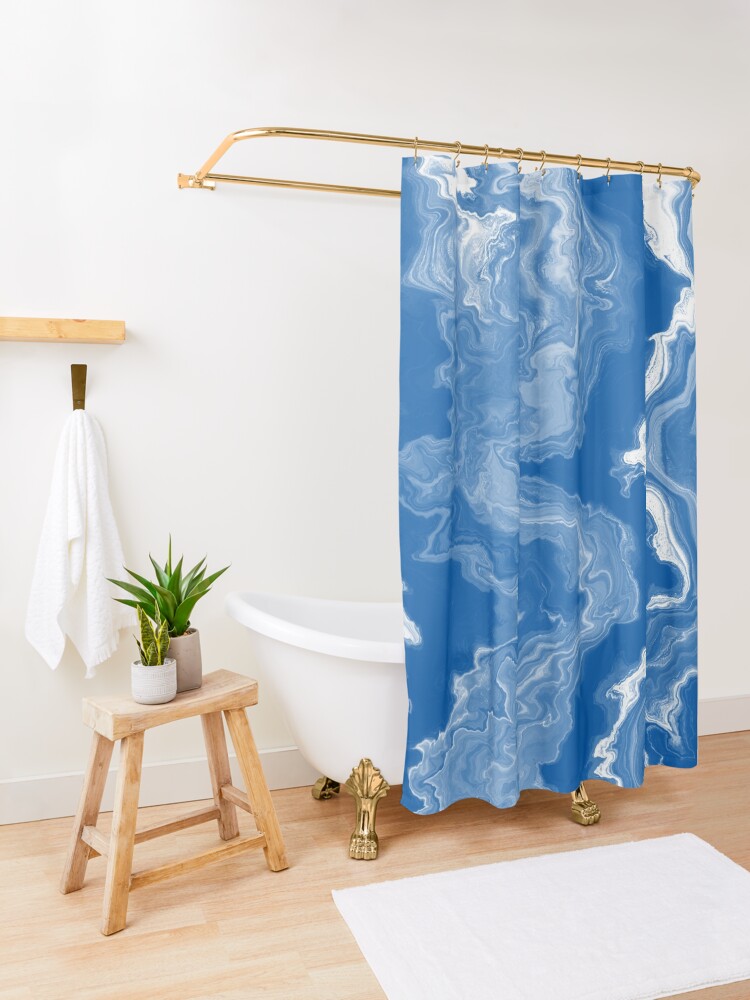 Alternate view of Blue / Light Blue / White Acrylic Pour Painting Shower Curtain
