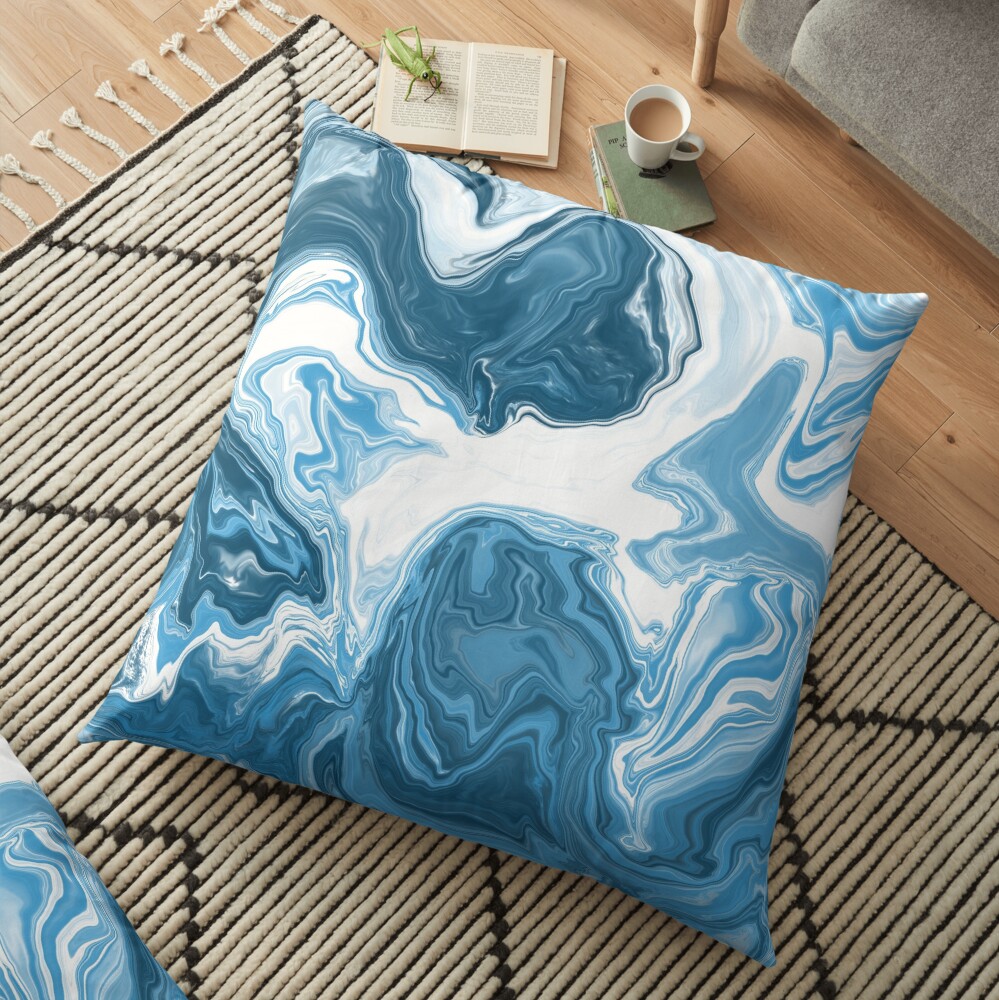 Baby Blue / Sky Blue / White Acrylic Pour Painting Floor Pillow