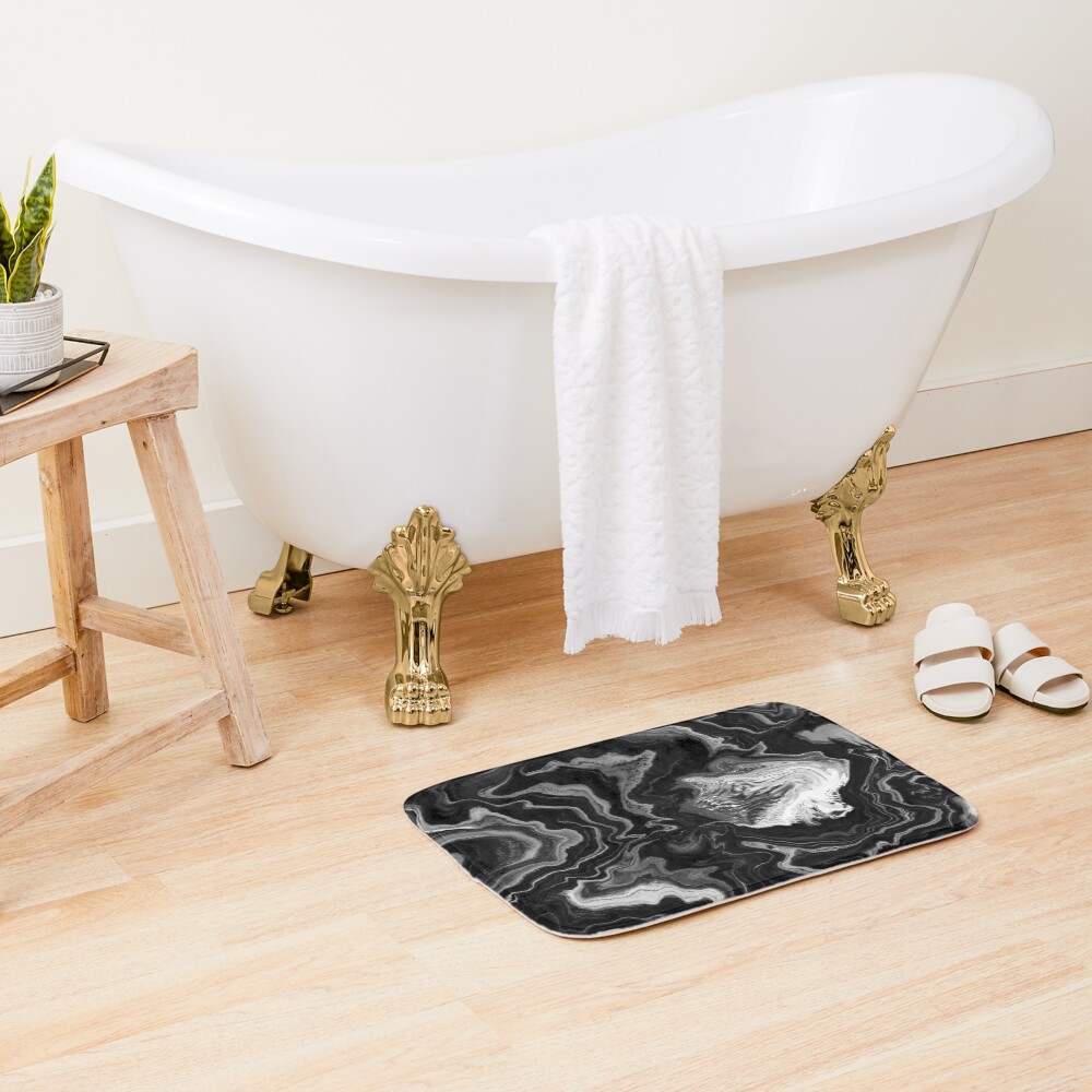Black and White / Gray Acrylic Pour Painting Bath Mat