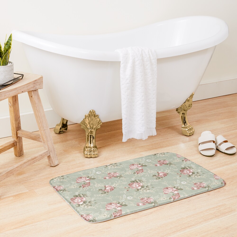 Vintage Blush Roses - Sage Green Background Bath Mat
