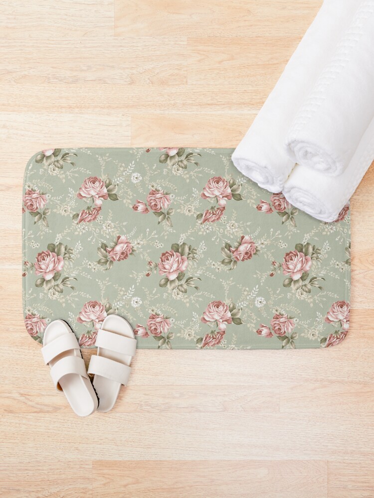 Alternate view of Vintage Blush Roses - Sage Green Background Bath Mat