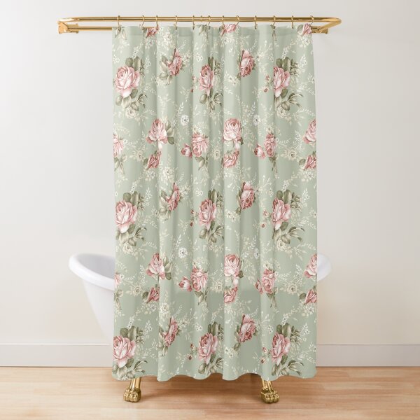 Victorian Blue Shower Curtain Cream With Pink Flowers New 