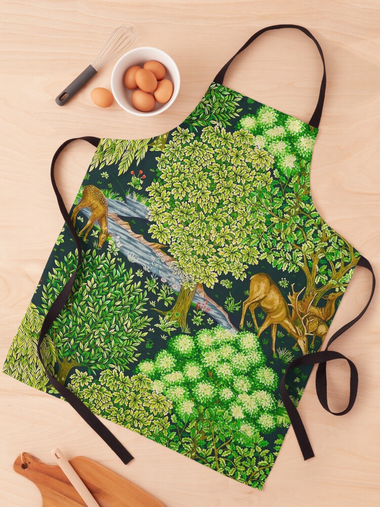 Thumbnail 1 of 6, Apron, FOREST ANIMALS, DEERS BY A BROOK Green Floral designed and sold by BulganLumini.