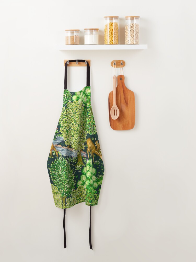 Thumbnail 4 of 6, Apron, FOREST ANIMALS, DEERS BY A BROOK Green Floral designed and sold by BulganLumini.