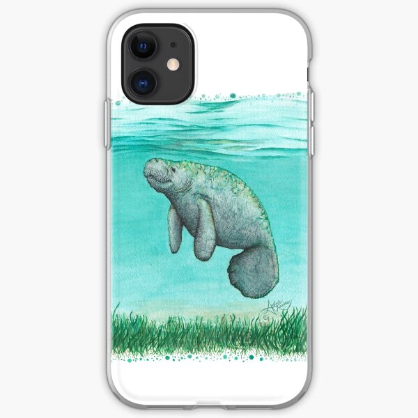 "Mossy Manatee" by Amber Marine ~ Watercolor and ink painting, art © 2016 iPhone Soft Case
