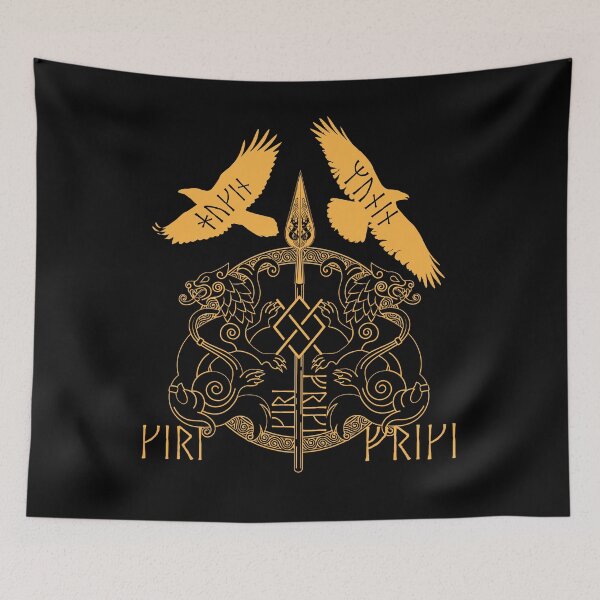 Item preview, Norse Mythology Spear of Odin Gungnir Runes Geri Freki Huginn Muninn designed and sold by BluePagan.