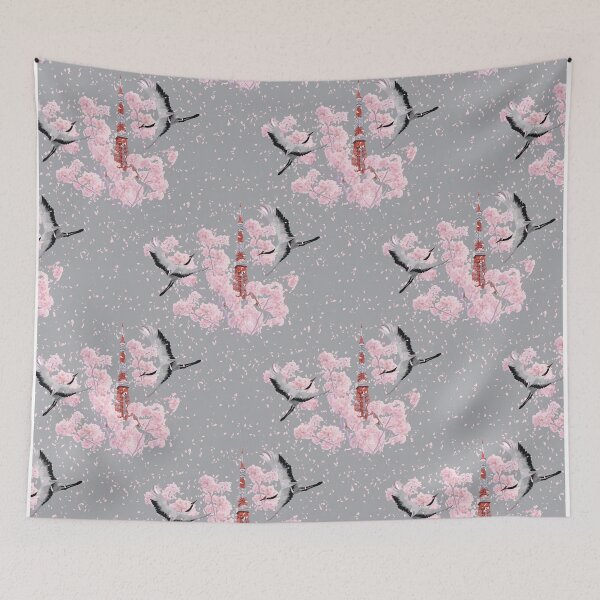 Item preview, Cherry Blossom & Cranes - Grey designed and sold by ChiffonFleur.