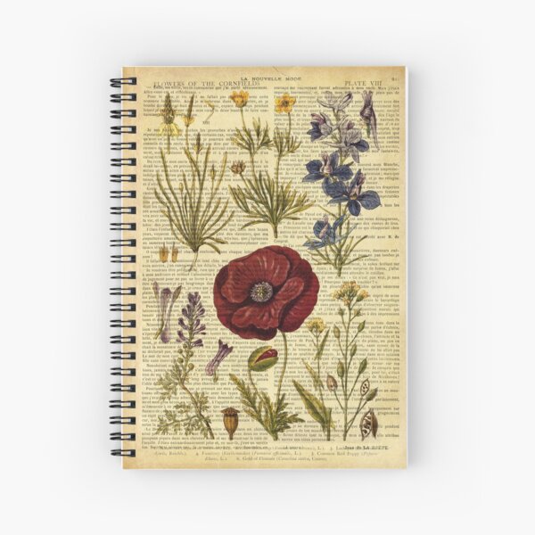 Botanical print, on old book page - flowers Spiral Notebook
