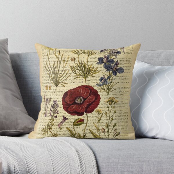Botanical print, on old book page - flowers Throw Pillow