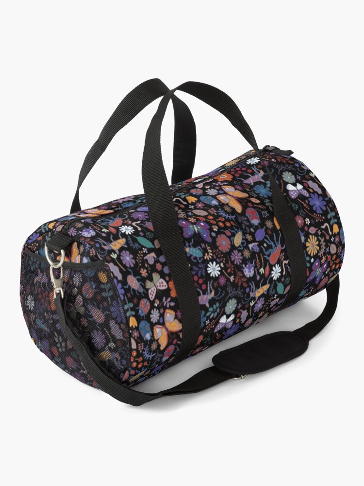 Alternate view of Butterflies, beetles and blooms - black - pretty floral pattern by Cecca Designs Duffle Bag