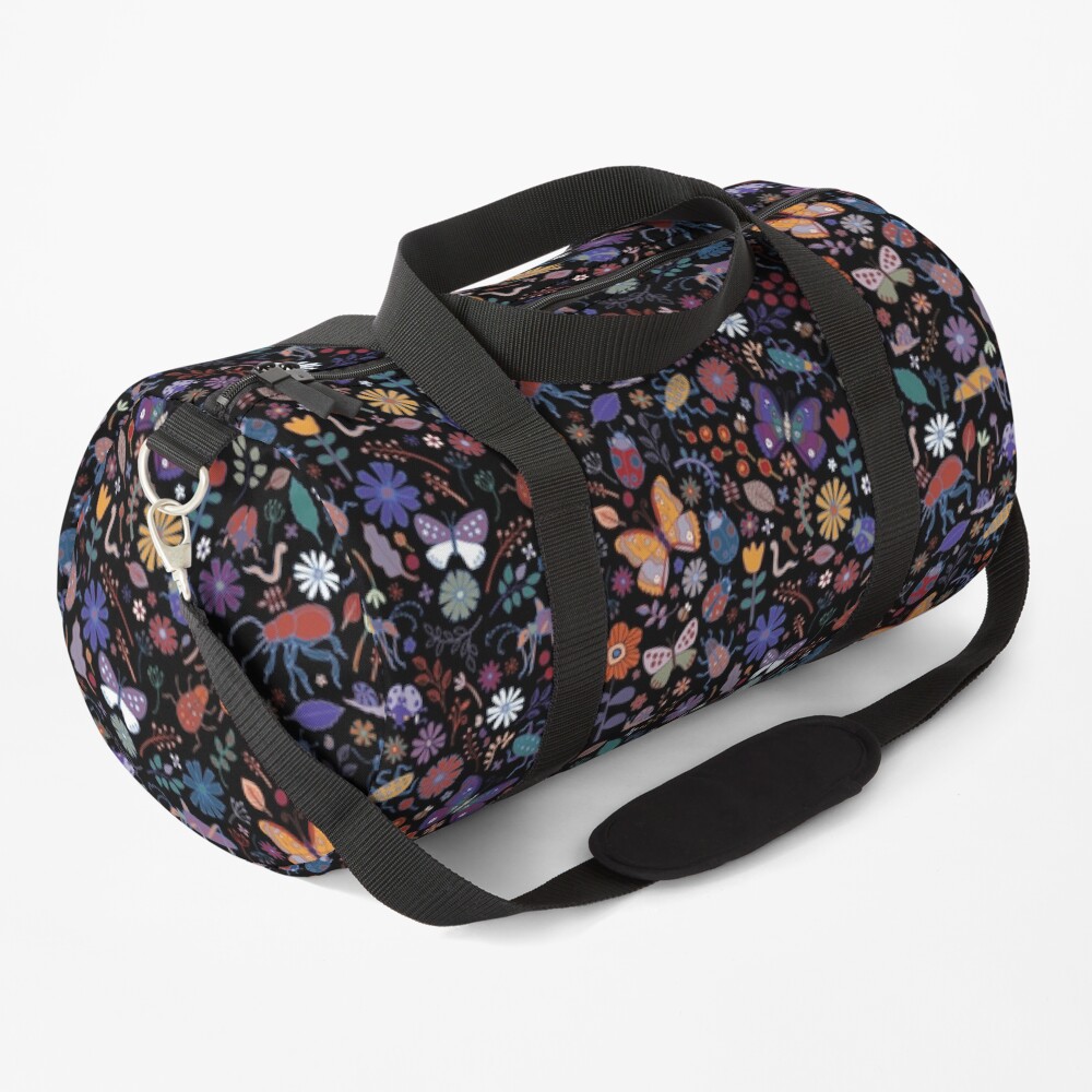 Butterflies, beetles and blooms - black - pretty floral pattern by Cecca Designs Duffle Bag